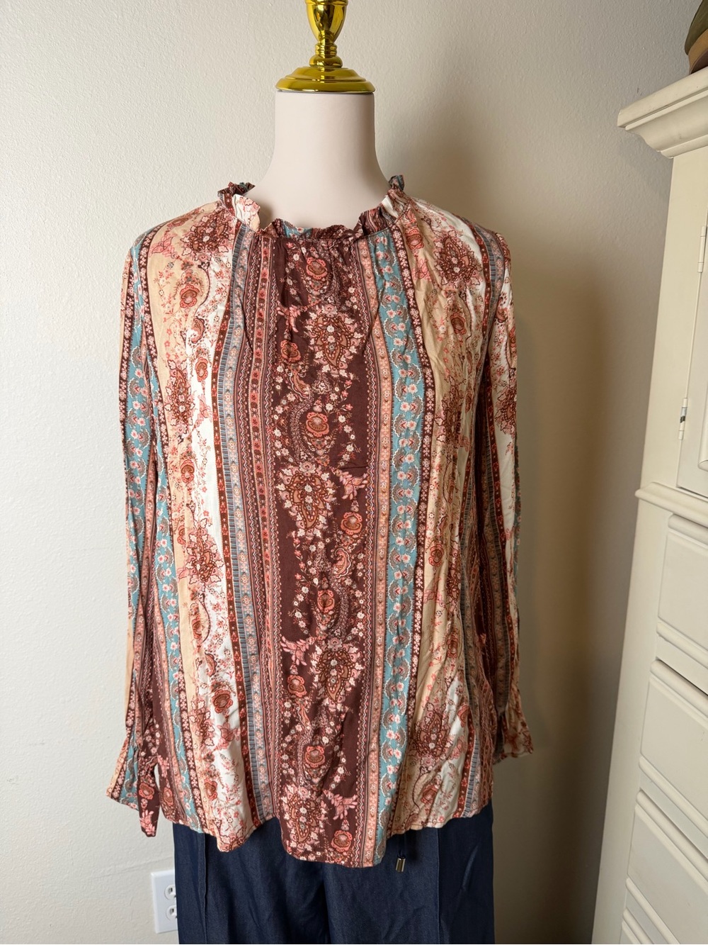 Boho Stripe Paisley Peasant Tunic - Brown Multi